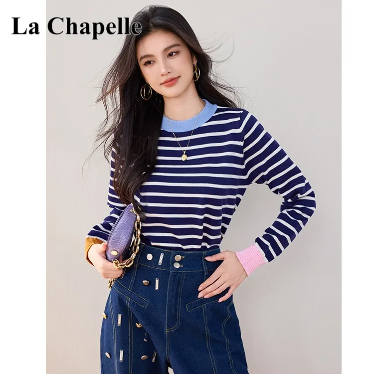 拉夏贝尔撞色条纹软糯针织衫女2024秋季圆领修身显瘦打底上衣毛衣