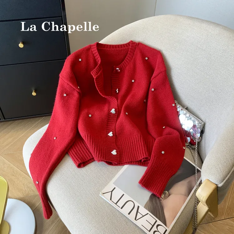 拉夏贝尔本命年红色毛衣女款新款冬季小香风针织开衫外套短款上衣