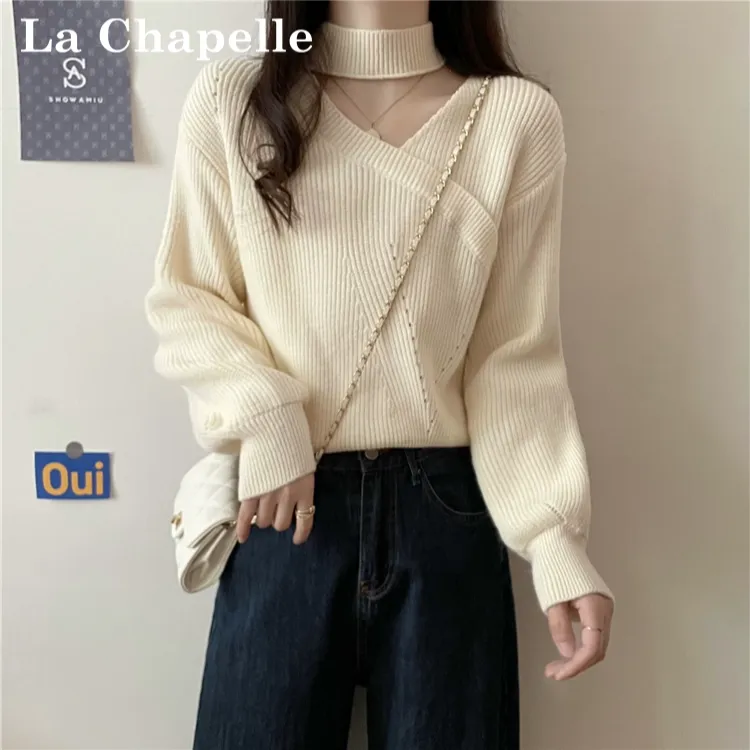 拉夏贝尔慵懒宽松针织衫毛衣女秋冬新款不规则设计感百搭长袖上衣