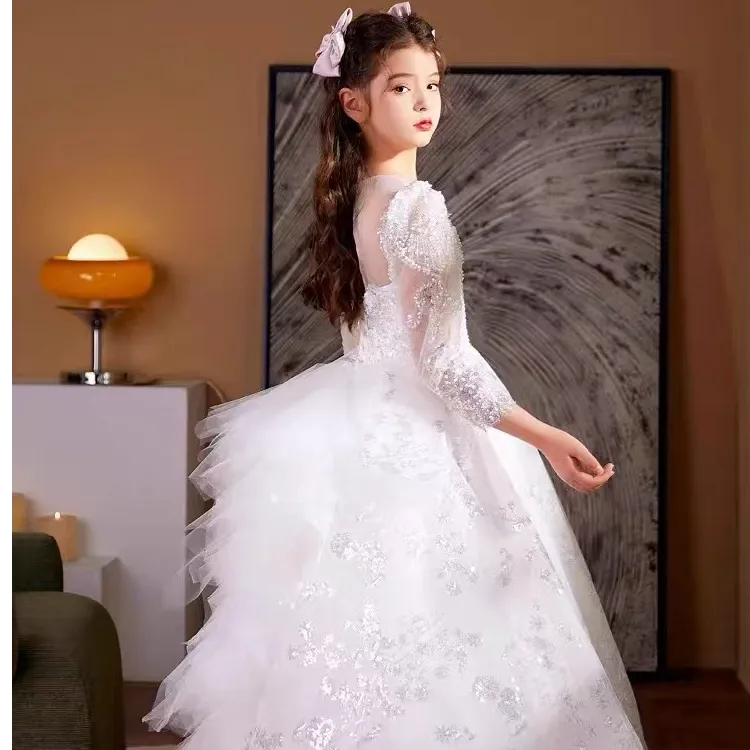 双11炸白色高定儿童晚礼服花童婚纱生日主持人钢琴蓬蓬公主拖尾裙