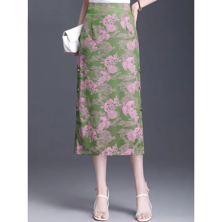 新款国风印花半身裙女2024夏季新款高腰包臀裙中长修身开叉直筒一