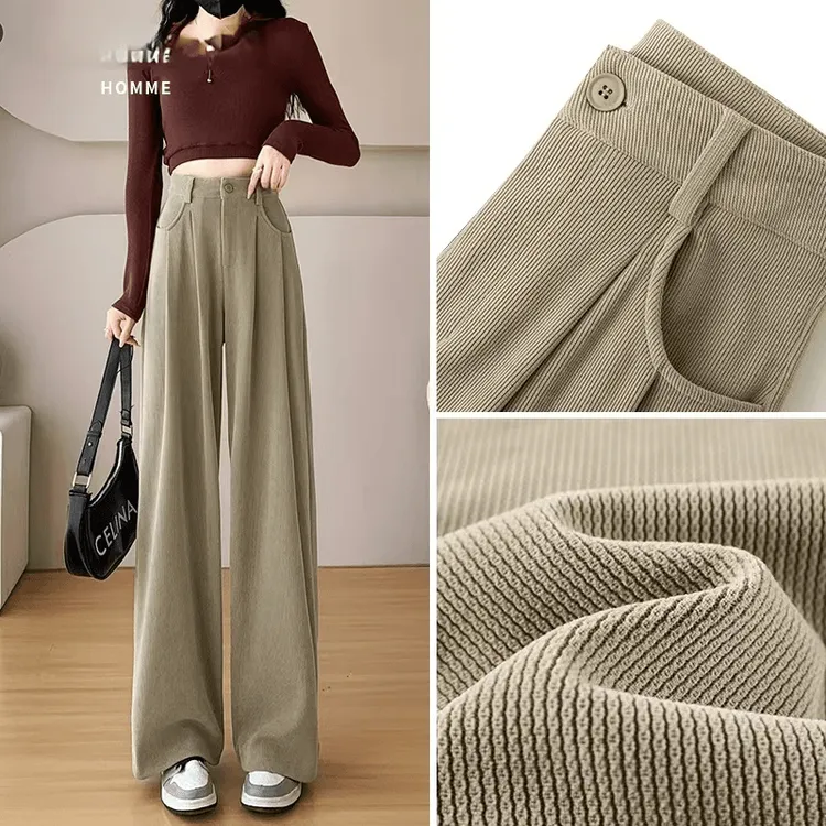 浅咖色灯芯绒裤子女秋冬季2024新款遮肉雪尼尔直筒宽松阔腿裤垂感
