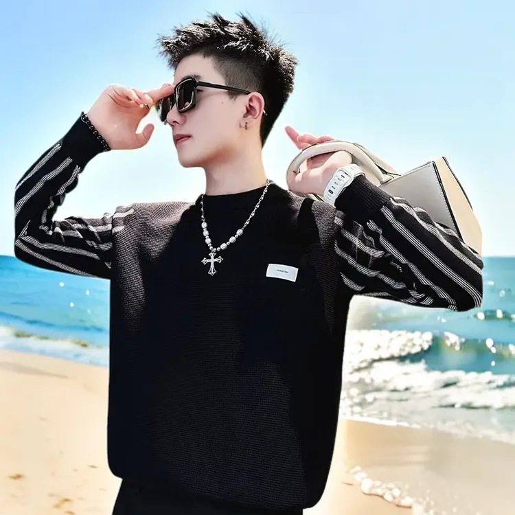 新款春秋痞帅毛衣男外套假两件潮牌线衣服内搭针织男款男生毛衣