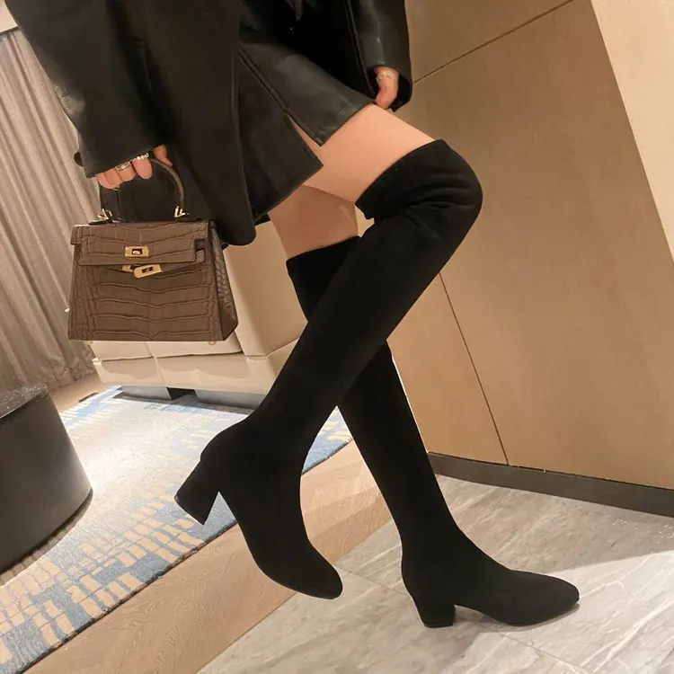爆款！显瘦显腿长！尖头粗跟高跟百搭弹力瘦瘦靴过膝长靴！不掉筒
