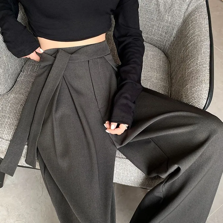 绑带设计感西裤女长裤2024春夏垂感高腰直筒休闲拖地裤宽松阔腿裤