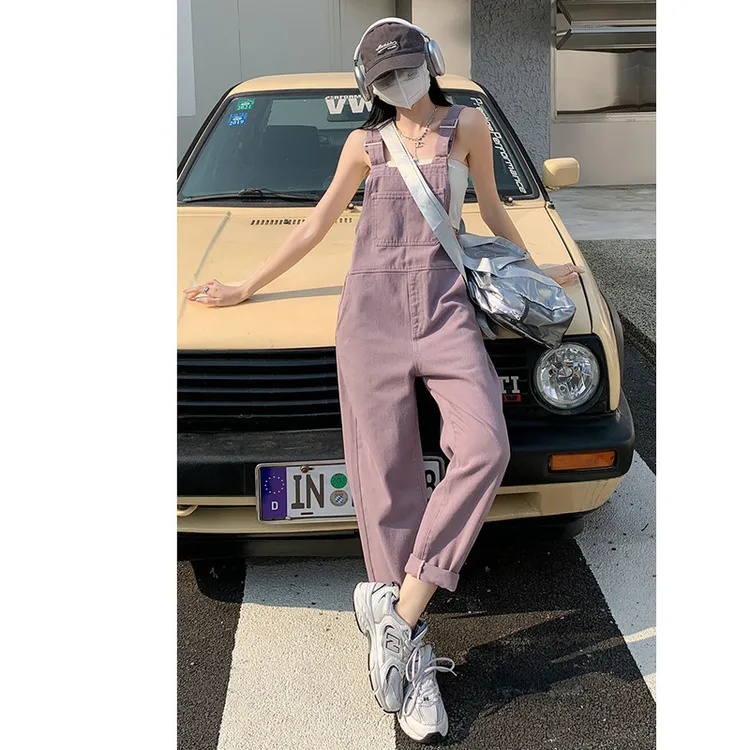 奶系背带直筒牛仔裤女春秋2024年新款宽松小个子设计感裤子女夏季