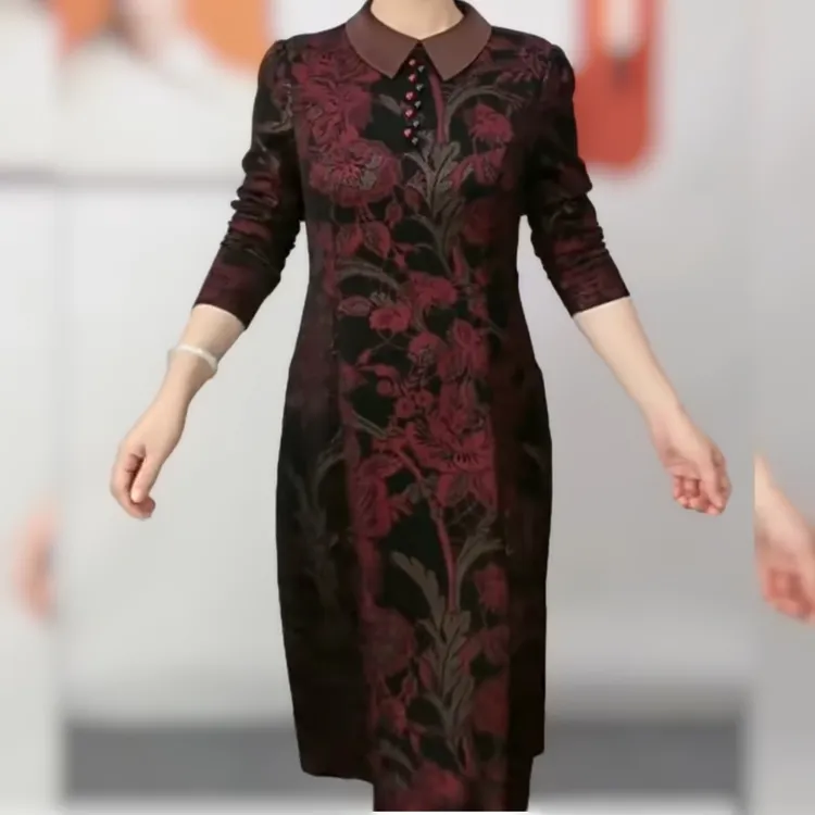 秋季长袖中老年胖妈妈显瘦遮肉时尚气质大码连衣裙精致裙子