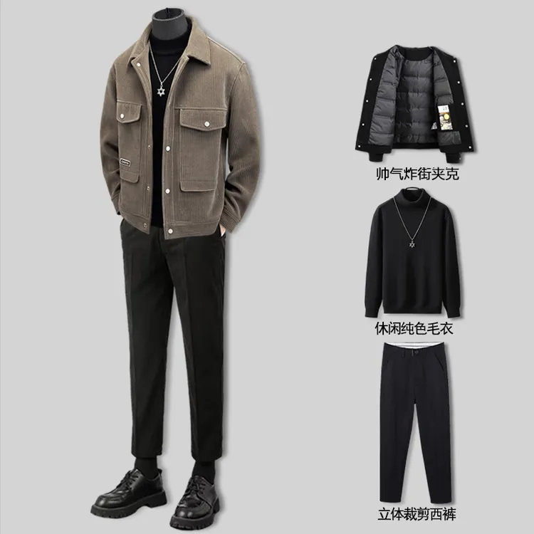 秋冬套装男款爆款2025新款毛呢外套成熟痞帅男装夹克男帅气韩版