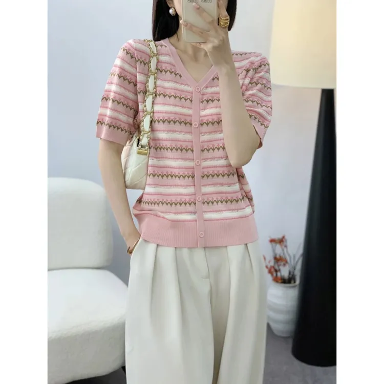 【现货】减龄V领假开衫夏季新款条纹冰丝短袖女洋气百搭显瘦上衣
