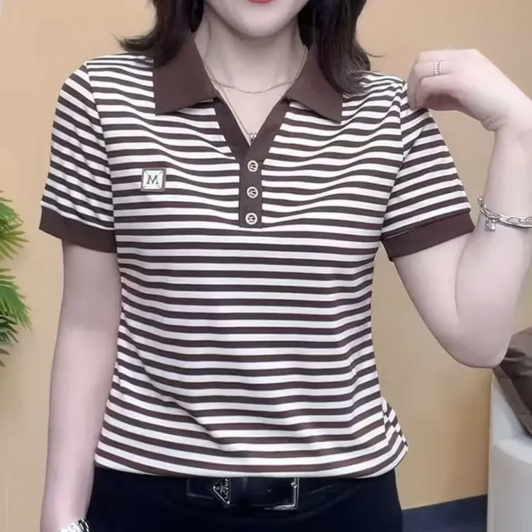 2024夏装新款时尚中年女条纹短袖上衣妈妈装Polo领洋气百搭棉T恤