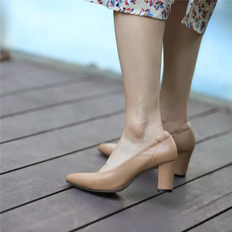 壹家SHOES羊皮365106粗跟6公分浅口尖头单鞋羊皮防磨脚防掉跟通勤
