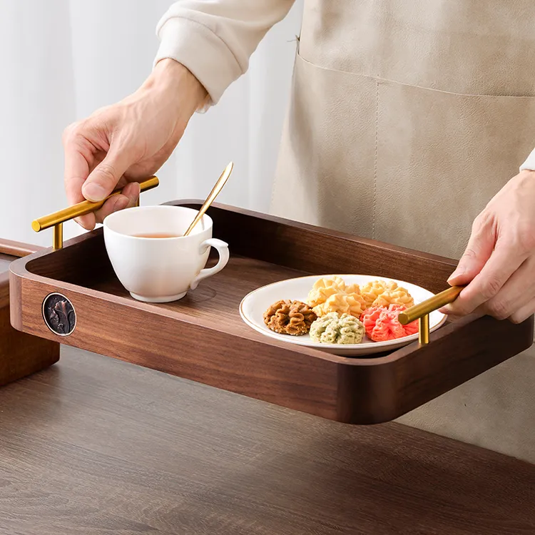 森物社黑胡桃木圆角带把手托盘餐盘果盘收纳盘36*24*5CM