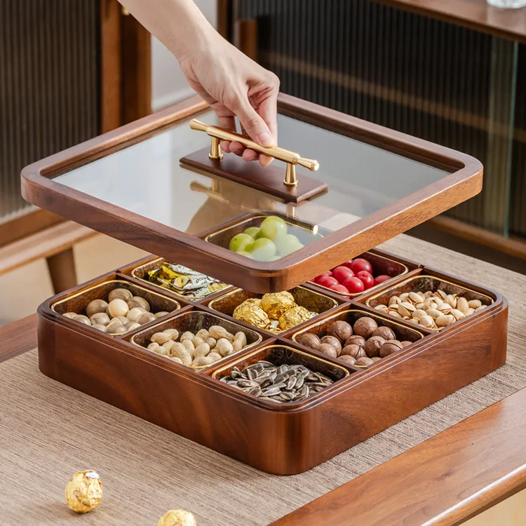 新中式胡桃木实木果盒客厅干果盒分格带盖坚果盘零食收纳家用果盘