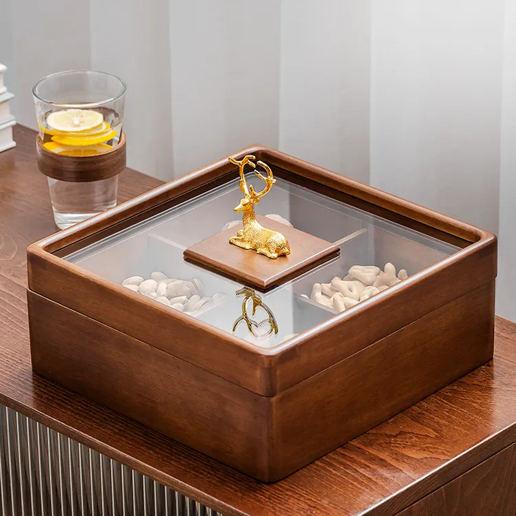 森物社实木多格干果盒带盖钢化玻璃零食收纳盒轻奢围炉煮茶糖果盒