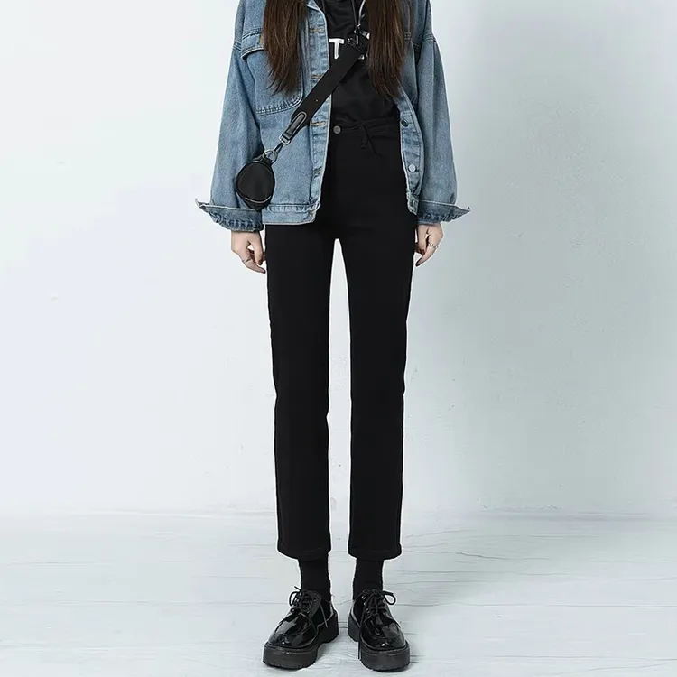 秋冬烟管裤牛仔裤女2023高腰设显瘦计感新款修身直筒烟管裤长裤