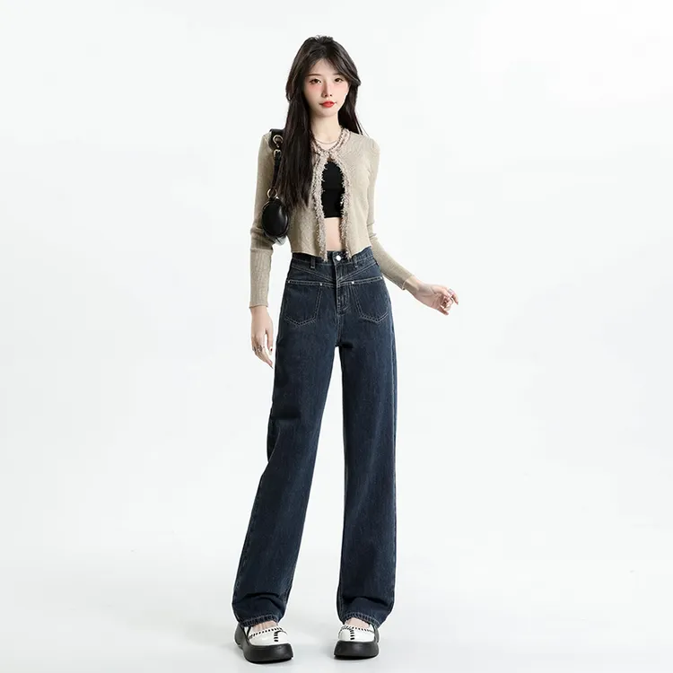 秋冬阔腿牛仔裤女2023高腰设显瘦计感新款宽松高街阔腿直筒长裤