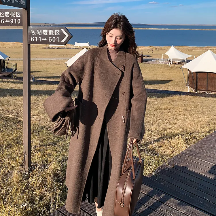 咖色超好看双面羊毛大衣中长款女冬2025年韩系氛围感围巾呢子外套