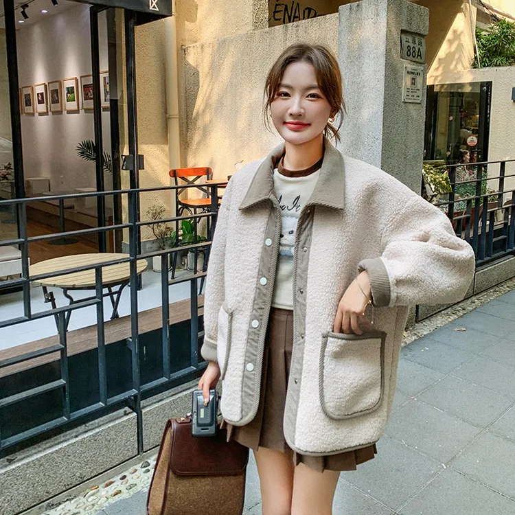 米白色皮毛一体羊羔毛外套女2025秋冬新款韩系小个子休闲宽松上衣