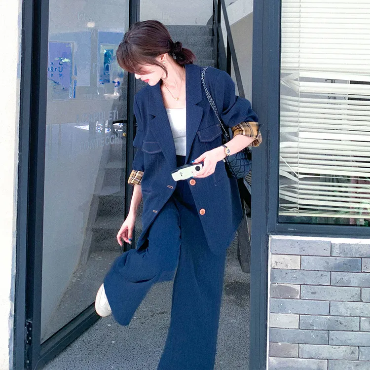 韩系气质休闲西装阔腿裤套装女2025春秋新款高级感通勤西服两件套