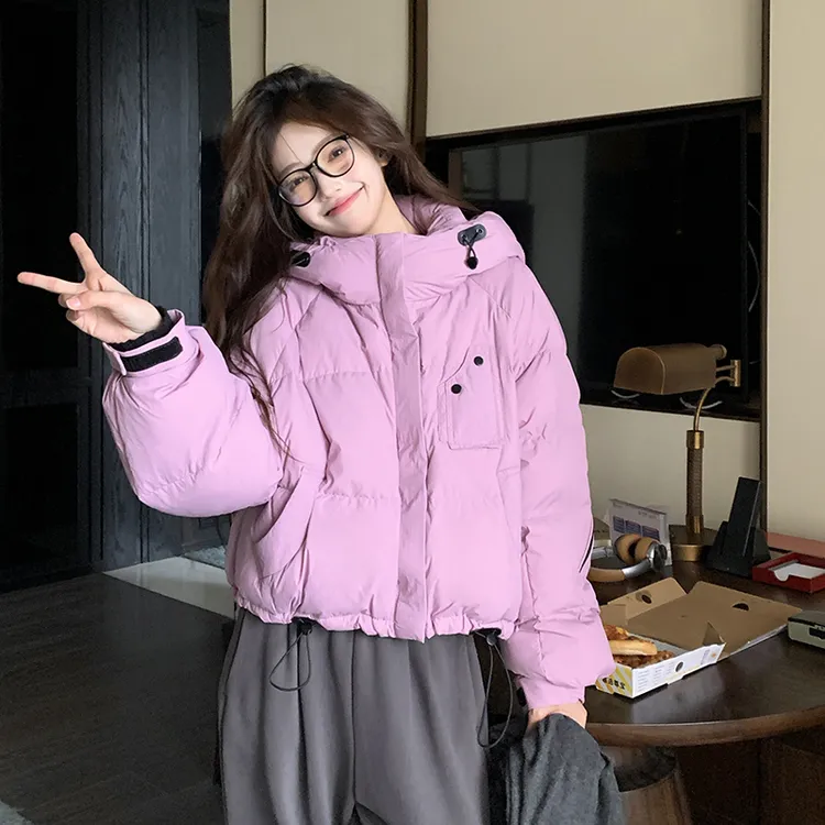 紫色超好看短款羽绒服女冬季新款韩版加厚防风抽绳连帽白鸭绒外套