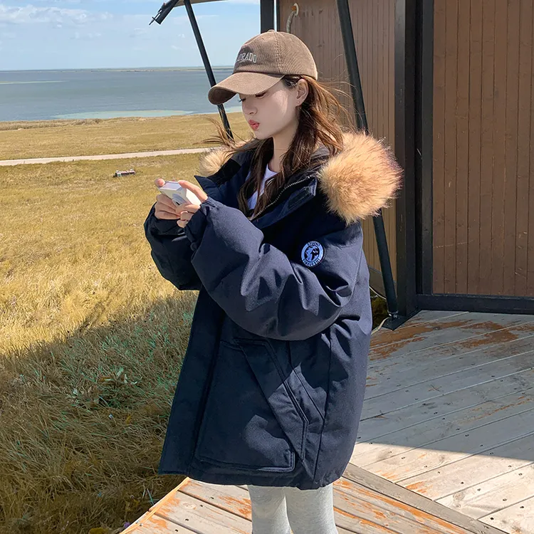 藏青色大毛领工装派克羽绒服女2025冬季新款90白鸭绒加厚连帽外套