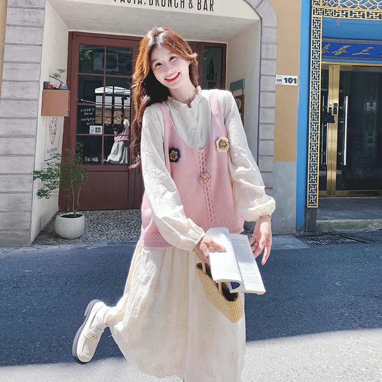 粉色针织马甲连衣裙套装女2025春秋新款法式甜美可爱温柔两件套裙