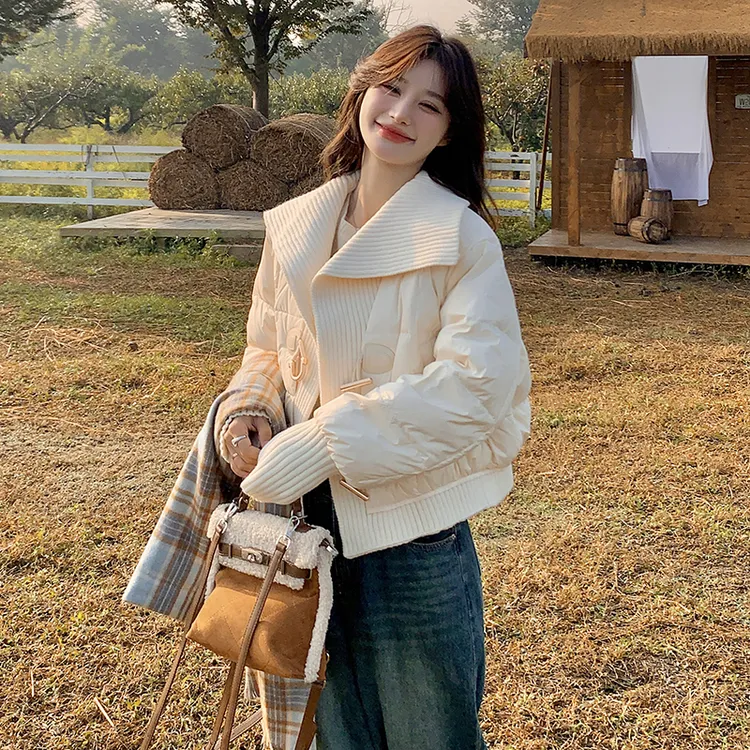 设计感针织毛线领拼接羽绒服女短款2025冬季新款时尚加厚保暖外套