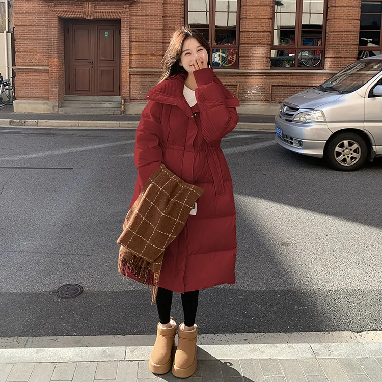 红色针织领拼接羽绒服女冬季新款韩版休闲中长款过膝90白鸭绒外套