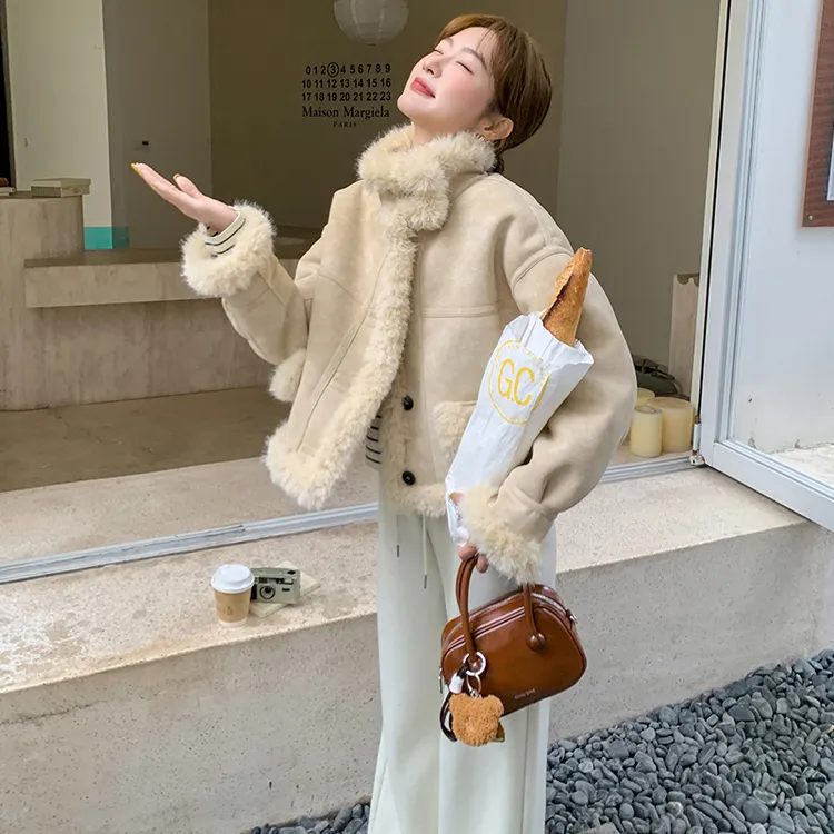 两面穿立领麂皮绒短外套女冬季2025年新款小个子加绒加厚皮毛一体