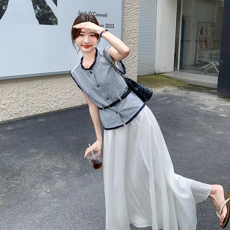 法式高级设计感套装女2025夏季新款休闲气质无袖上衣半身裙两件套