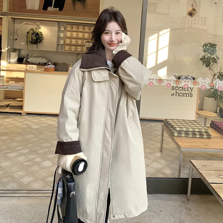 卡其色针织翻领中长款风衣羽绒服女冬2025新款韩系休闲白鸭绒外套