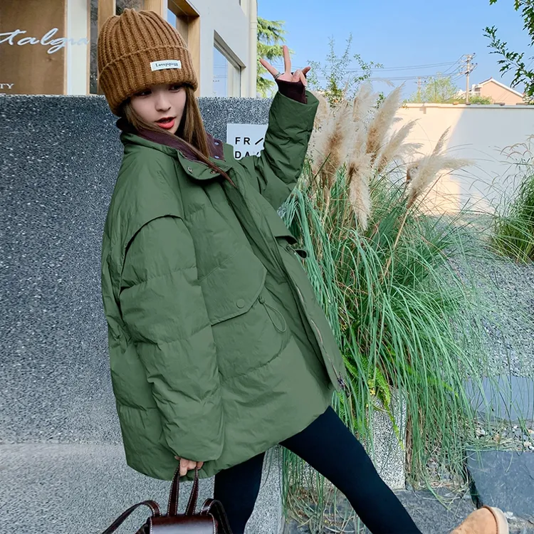 小众设计插肩袖撞色立领羽绒服女2025冬季新款白鸭绒工装保暖外套