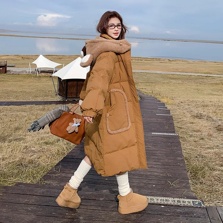 咖色羊羔毛拼接连帽羽绒服女2025年冬季新款中长款白鸭绒保暖外套