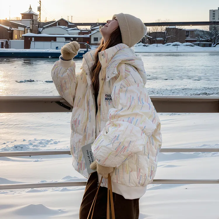 设计感彩条拼色连帽羽绒服女2025年冬季新款小个子加厚白鸭绒外套
