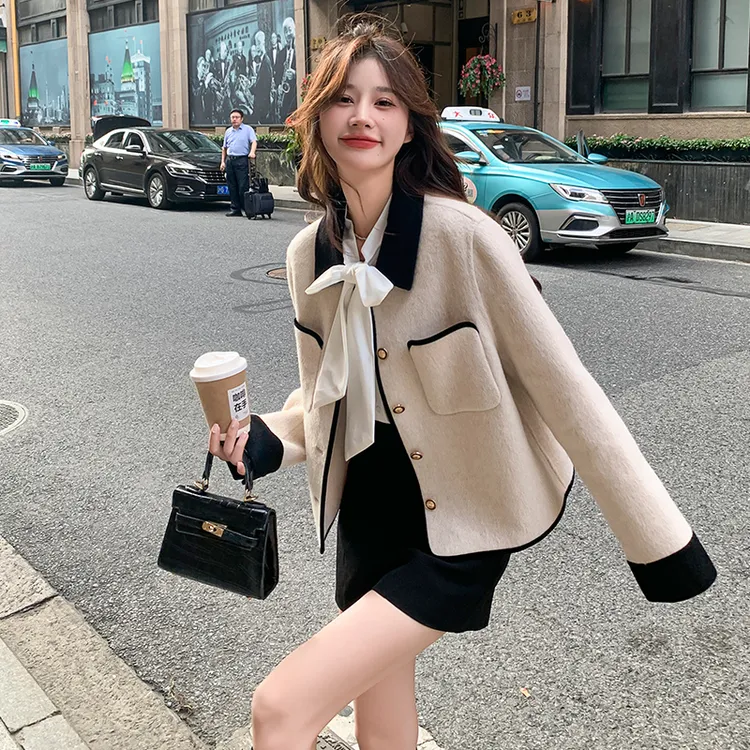 米白色小香风双面呢羊毛大衣女2025秋冬新款休闲百搭短款毛呢外套