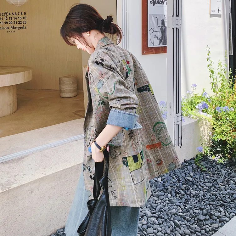 灰色格子西装外套女2025春秋新款设计感休闲宽松涂鸦印花西服上衣