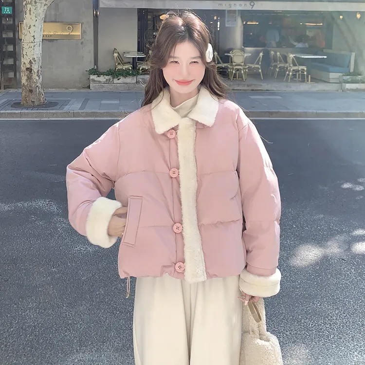 奶fufu粉色韩系甜美短款羽绒服女冬2025新款小个子保暖白鸭绒外套
