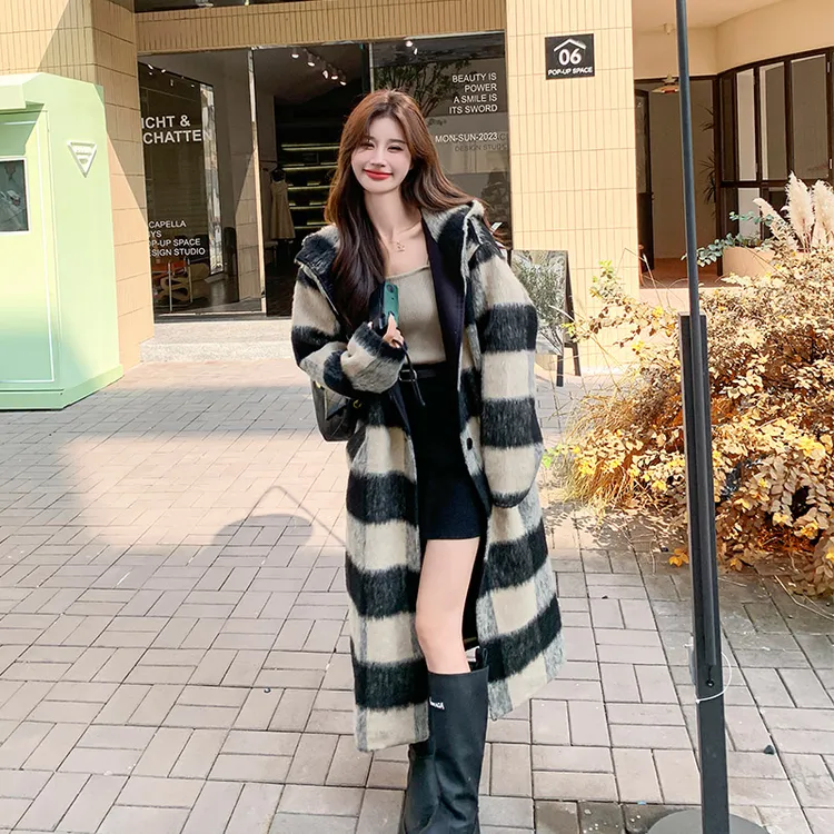 设计感黑白格子毛呢外套女2025年秋冬新款休闲气质高级感长款大衣