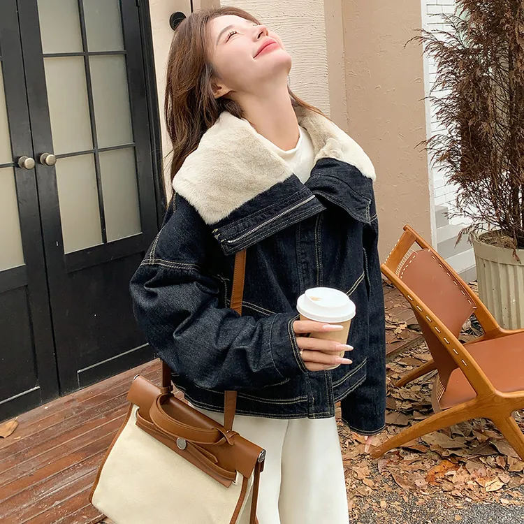 大翻领加绒牛仔工装派克服女2025年冬季新款休闲加厚保暖夹克上衣