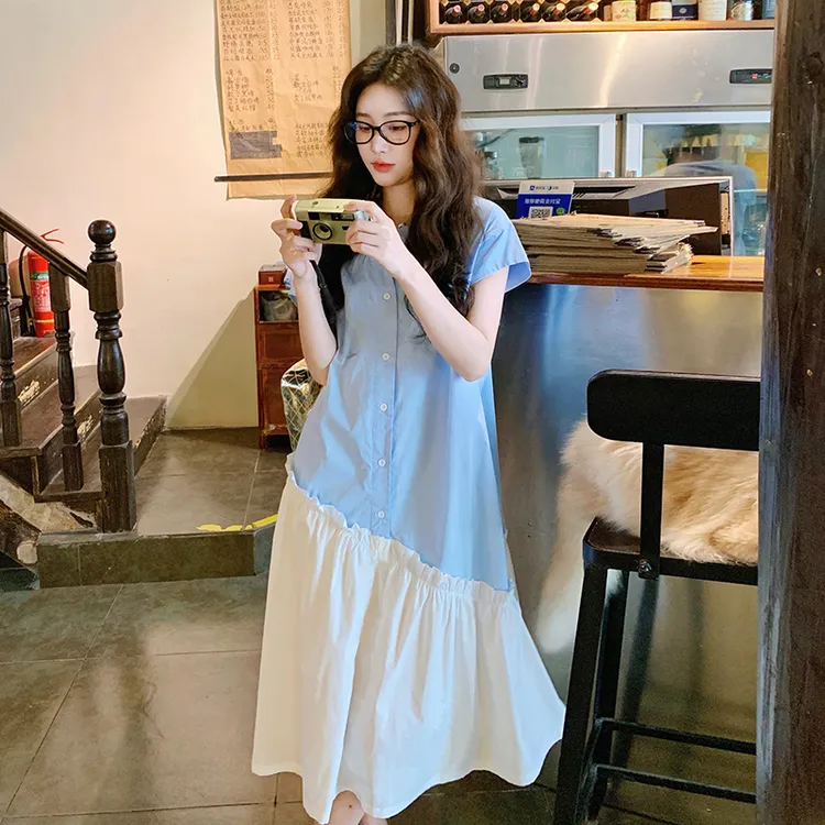 设计感撞色拼接衬衫连衣裙女2025夏季新款甜美减龄学院风初恋裙子