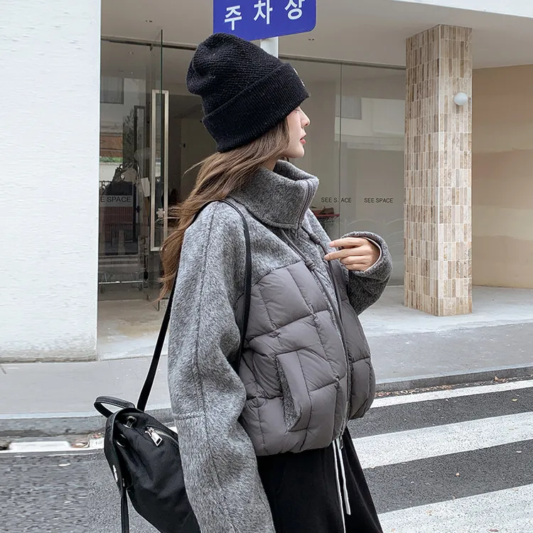 双面羊毛呢拼接羽绒服女短款2025冬季新款超好看90白鸭绒保暖外套