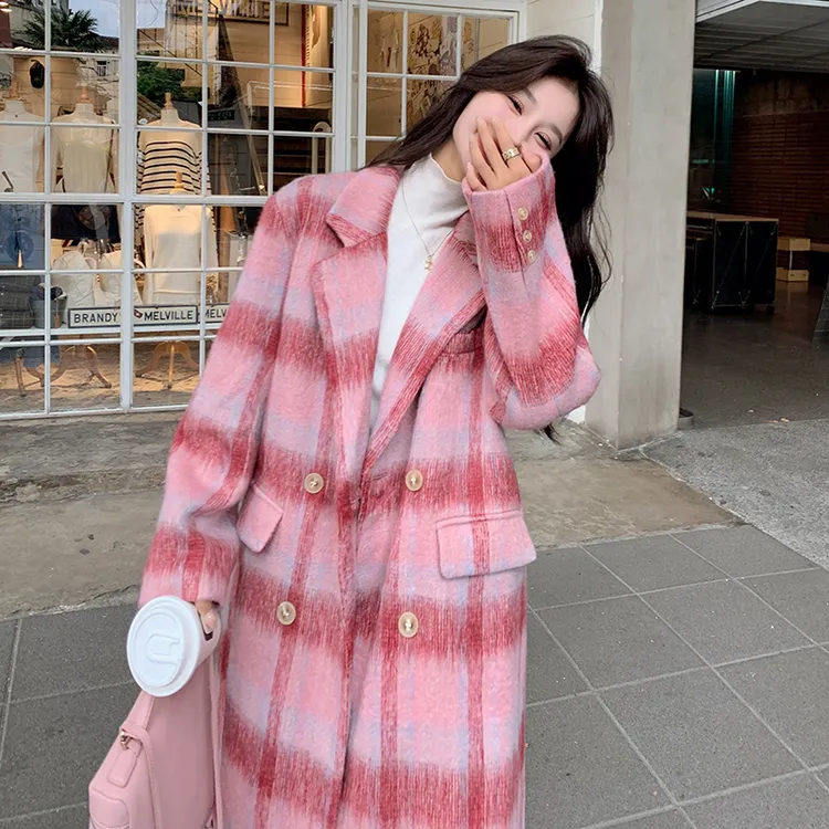 粉色格子毛呢外套女2025年秋冬新款韩系温柔风宽松中长款呢子大衣
