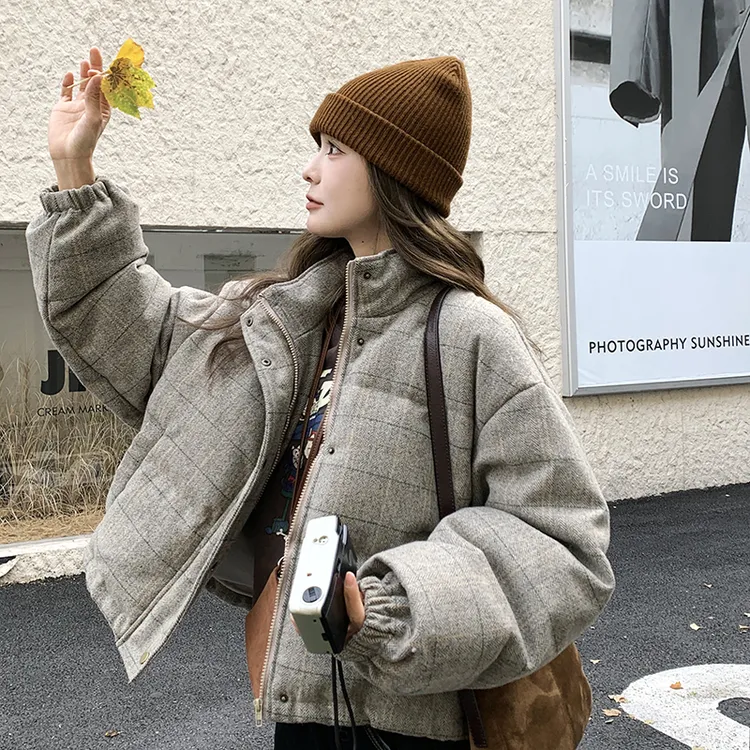 复古格子短款羽绒服女2025冬季新款小个子90白鸭绒保暖面包服外套