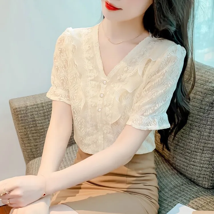 法式上衣夏季新款甜美洋气蕾丝衫短袖小众韩版修身显瘦小衫