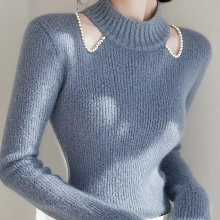 小香风蓝色镂空打底针织衫女款2025冬季新款内搭上衣修身显瘦毛衣