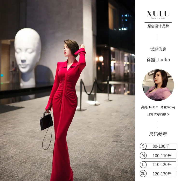 XULU原创水晶麻法式优雅显瘦设计感polo领气质修身长袖褶皱连衣裙