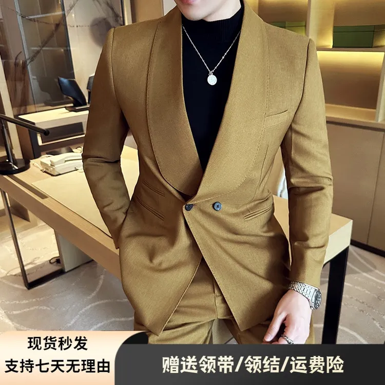 啄木鸟青果领西服套装男修身帅气绅士商务休闲宴会婚礼西装男套装