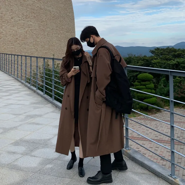 高级感风衣男士翻领外套韩版中长款情侣装英伦过膝宽松大衣披风