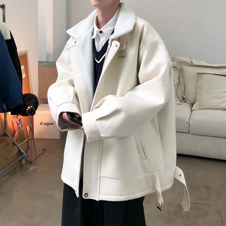 羊羔绒毛呢外套男秋冬季港风ins休闲宽松棉衣加绒加厚工装棉袄子