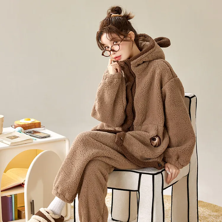 秋冬季加绒加厚睡衣女士咖啡小熊连帽套装毛绒保暖家居服女可外穿